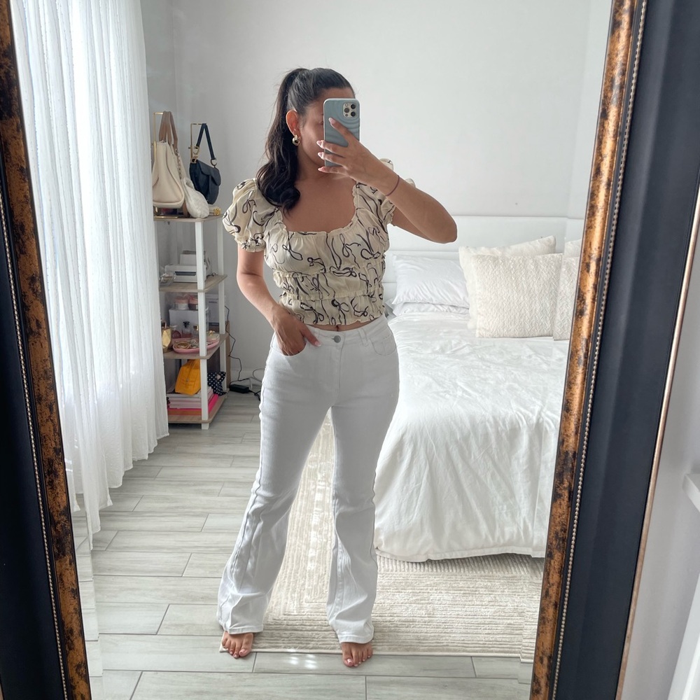 ZARA Beige & Brown Heart Patterned Top w/ Puff Sleeves